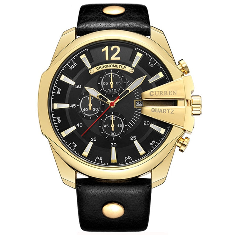 Men's Leather Waterproof Luxury Quartz Watch - Sport Military Army Wristwatch Gold