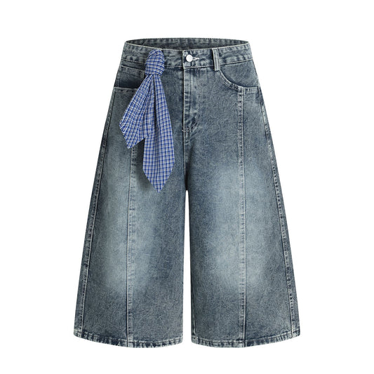 Retro Washed Ribbon Unique Design Seven-Quarter Denim Pants for Men