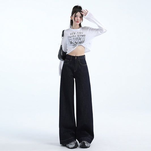 Deep Blue Wide-Leg Original Denim Pants for Women Vintage Straight Leg Floor-Length Jeans