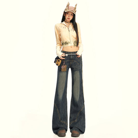 Women's Wide-Leg Jeans with Splicing Retro Design - Loose and Slimming Flare Pants