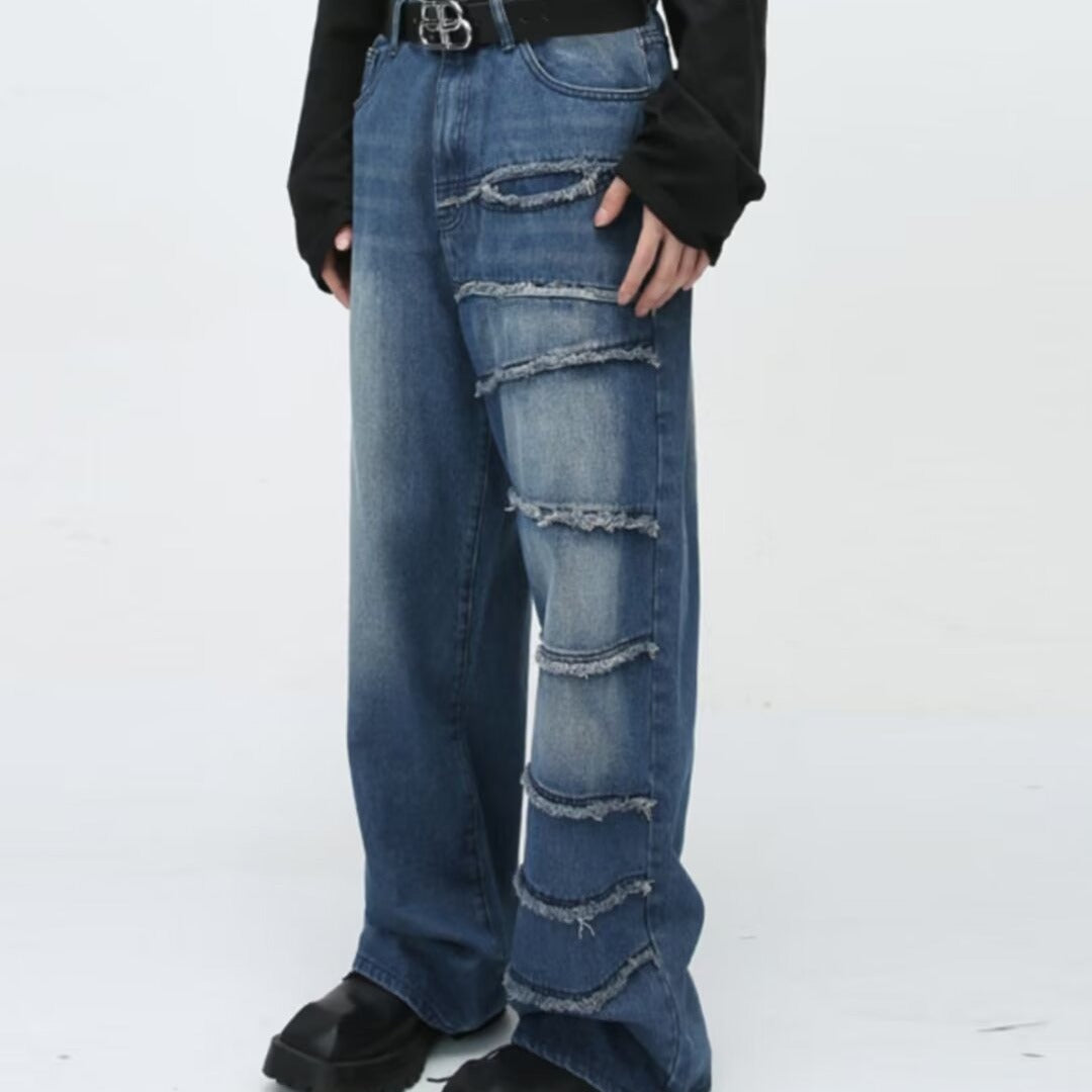 American Retro Style Patchwork Jeans - Unisex Wide Leg Pants