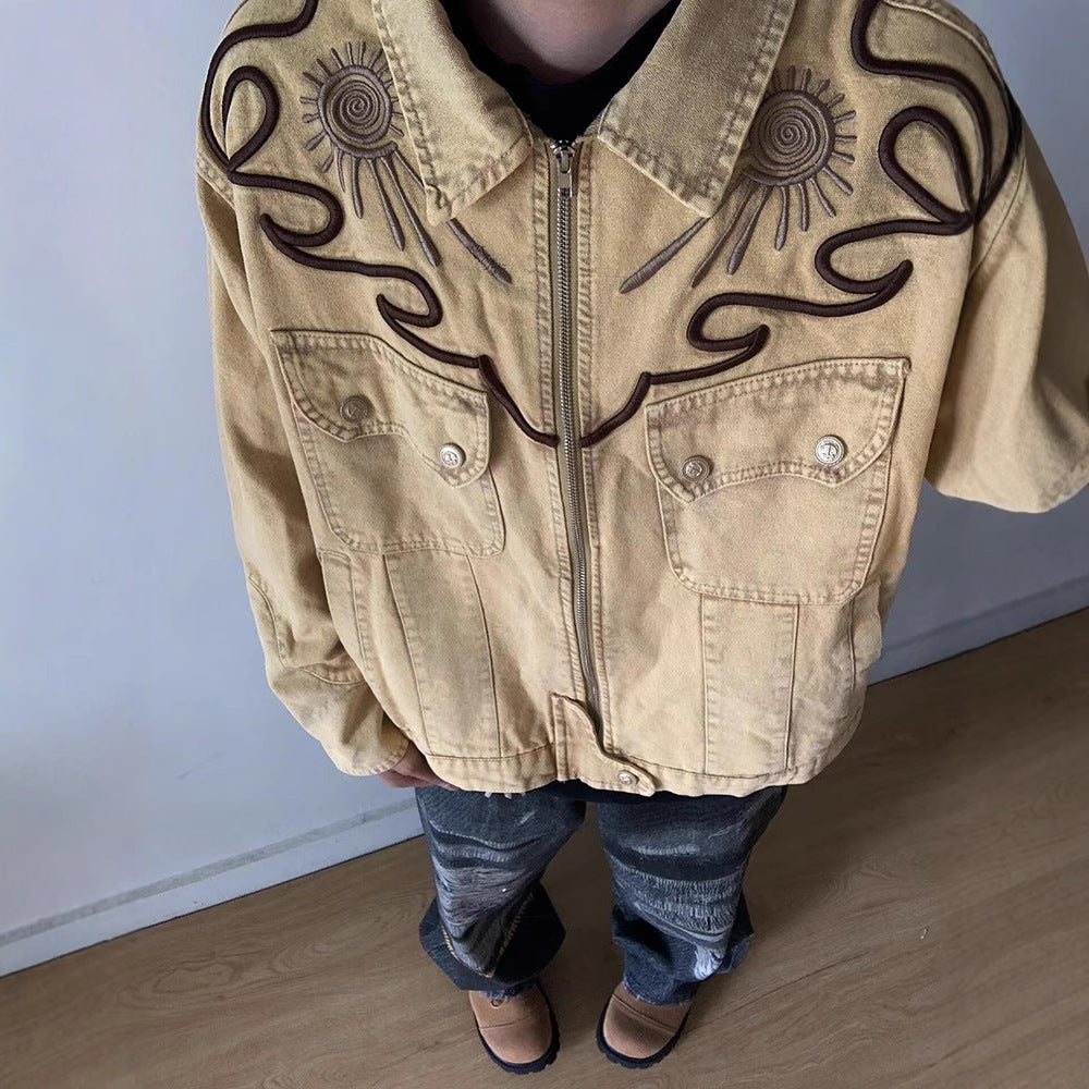 Heavyweight Denim Jacket - Embroidered Washed Vintage Retro Jacket