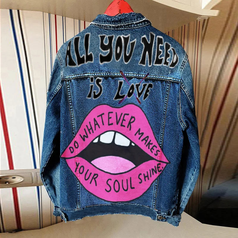 Women's Denim Jacket with Lip Print and Lapel