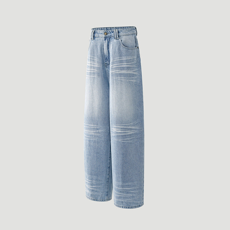 Washed Cat-Whisker Denim Pants for Women - Loose Drape Slimming Wide Leg
