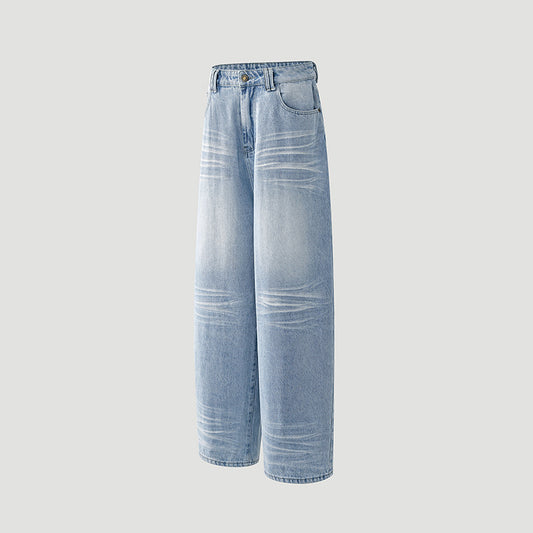 Washed Cat-Whisker Denim Pants for Women - Loose Drape Slimming Wide Leg