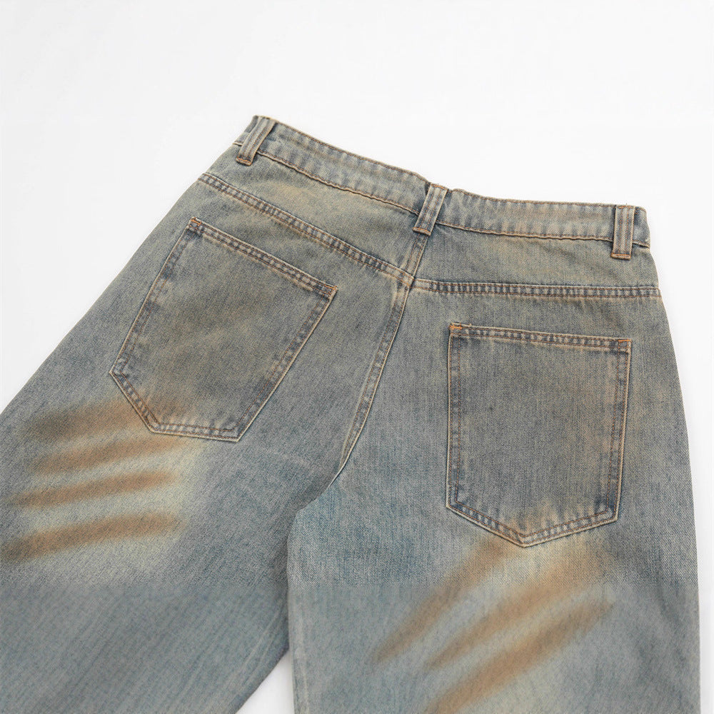 Men's Distressed Denim Jeans with Faded and Cat-Whisker Wash, Loose Fit, Casual Pants