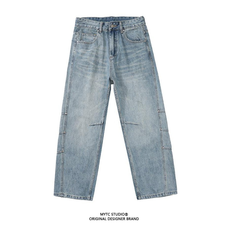 Irregular Three-Dimensional Straight Tube Workwear Denim Pants for Men