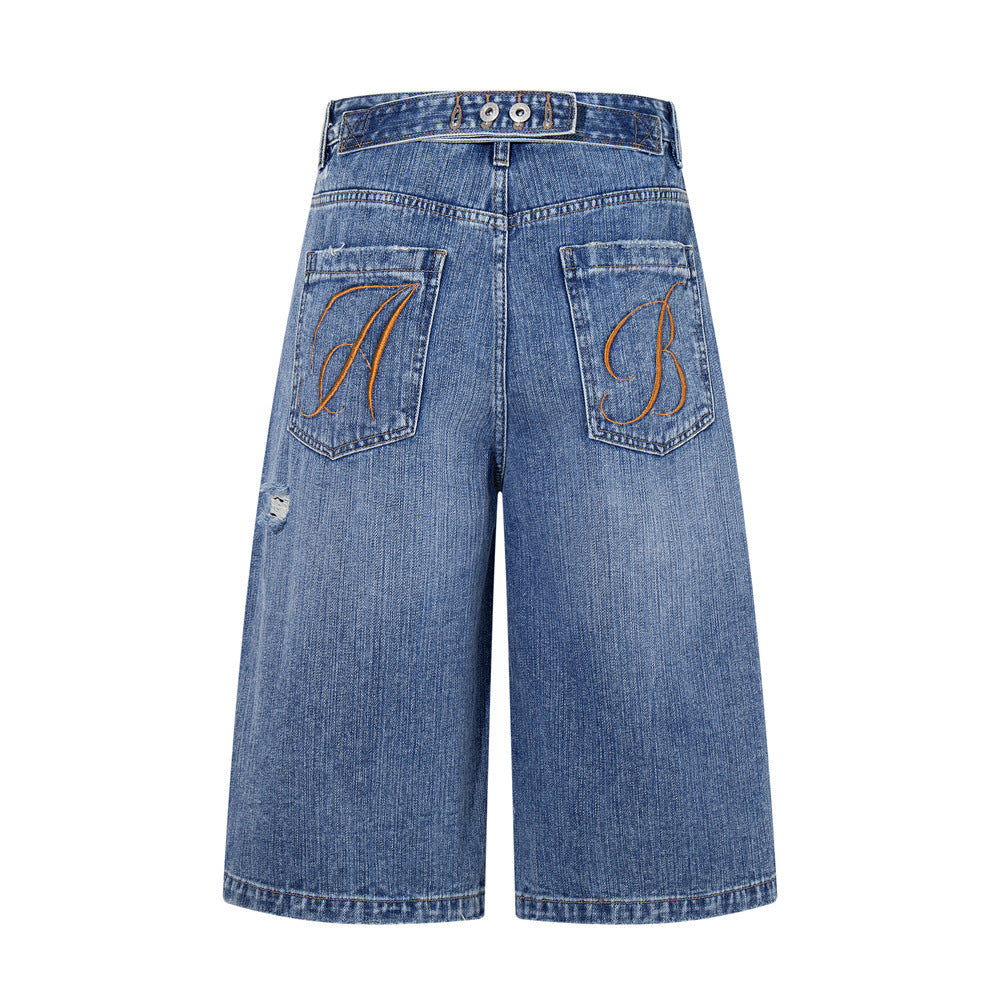 Ripped Blue Denim Shorts — Mid Rise Straight Fit for Casual Street Style