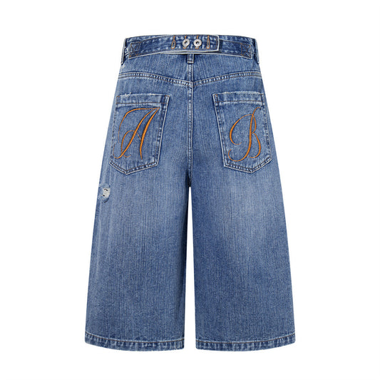 Ripped Blue Denim Shorts — Mid Rise Straight Fit for Casual Street Style