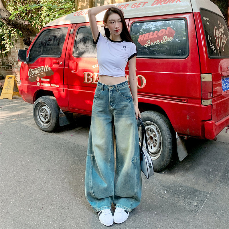 Smocked Loose Flare Denim Pants for Women - Summer Casual Long Trousers