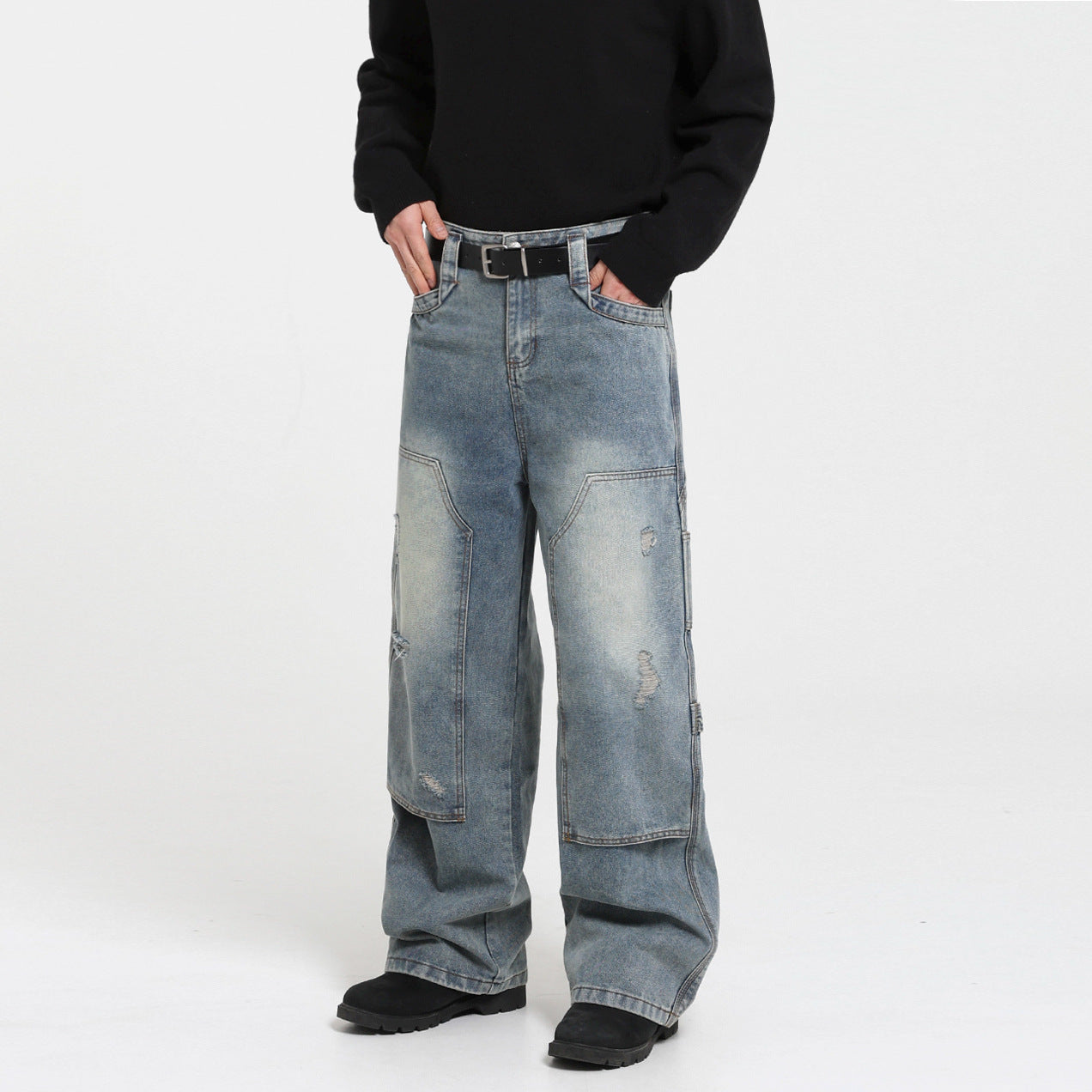 Vintage Washed Ripped Denim Pants for Men - Autumn Winter Loose Wide Leg Straight Cut Casual Wear