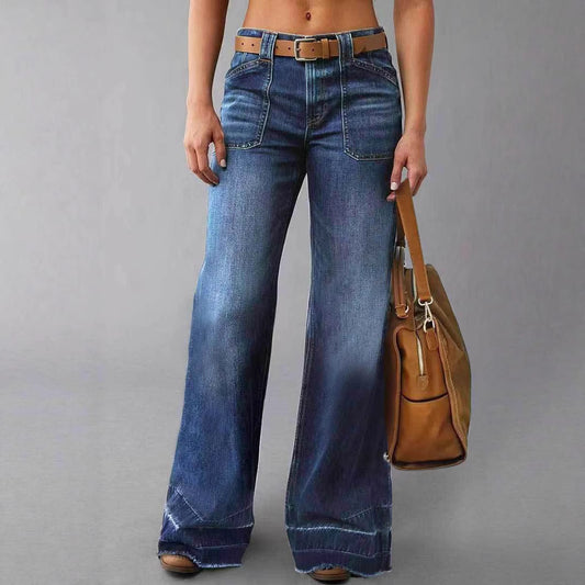 Slimming Washed Flared Hem Patchwork Denim Women's Long Pants