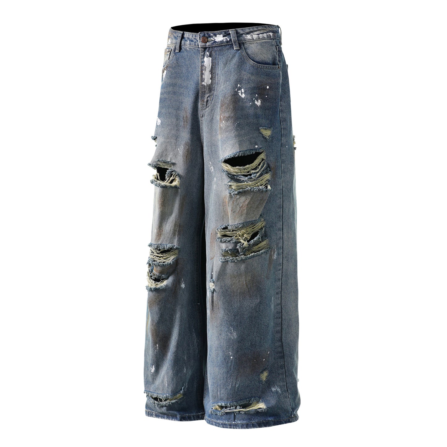 Washed Distressed Mud-Dyed Denim Pants - Unisex Loose Casual Trousers