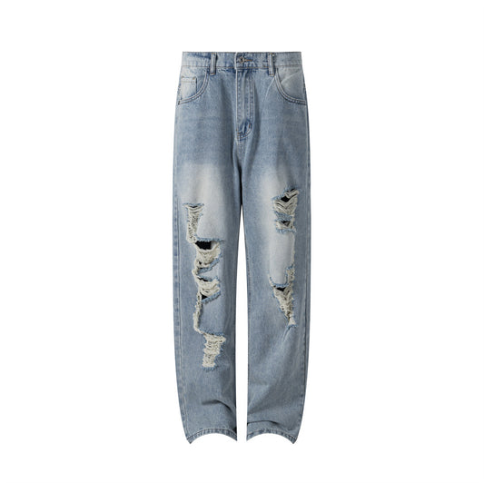 Streetwear Men's Distressed Denim Jeans, Loose Fit, Ripped Design, Slim Straight Leg Pants for Men and Women