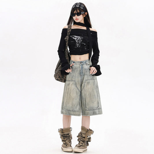 Retro Street Style Denim Capri Pants for Women - Loose High Waist Straight Leg Trousers