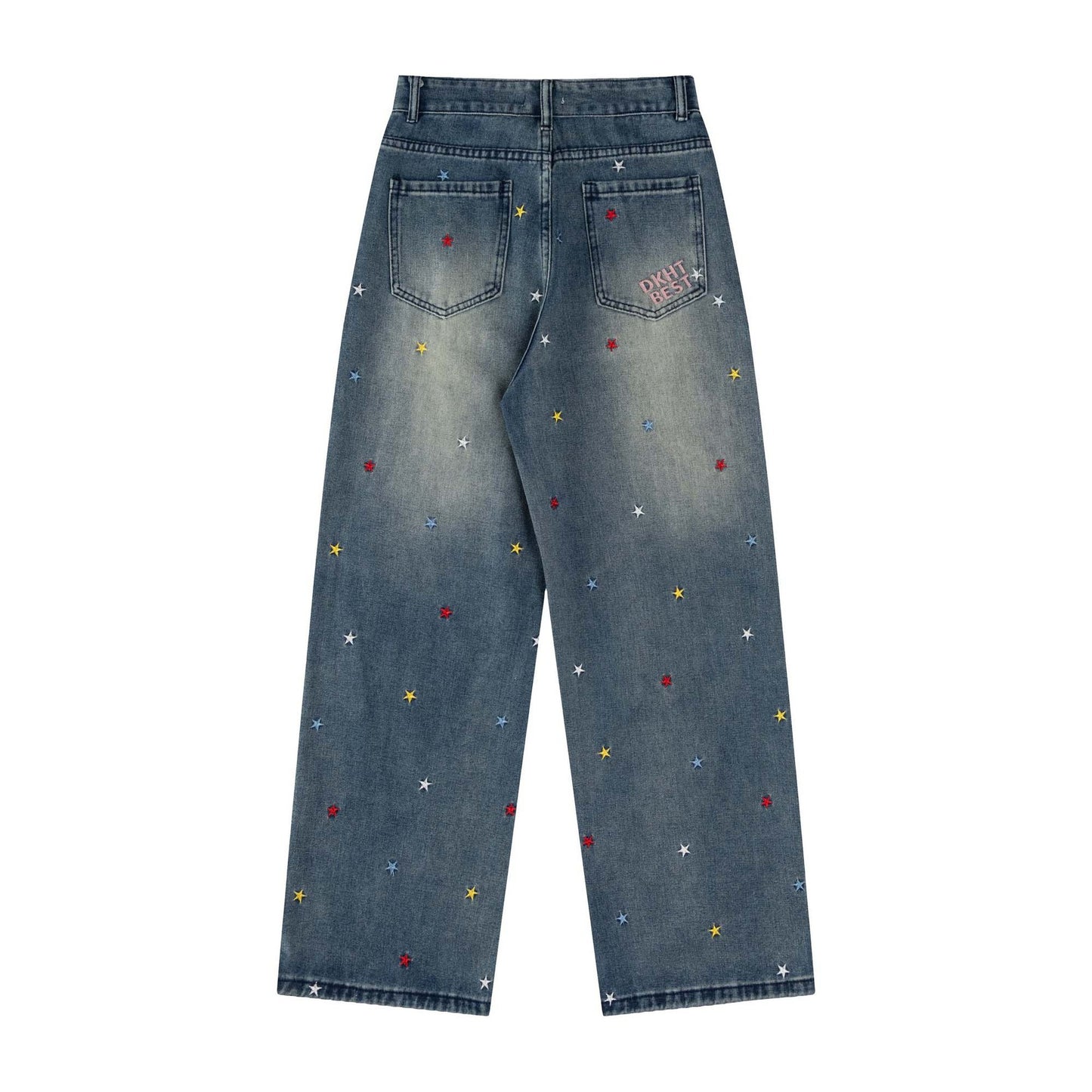 Retro Washed Star Letter Embroidered Denim Pants for Unisex