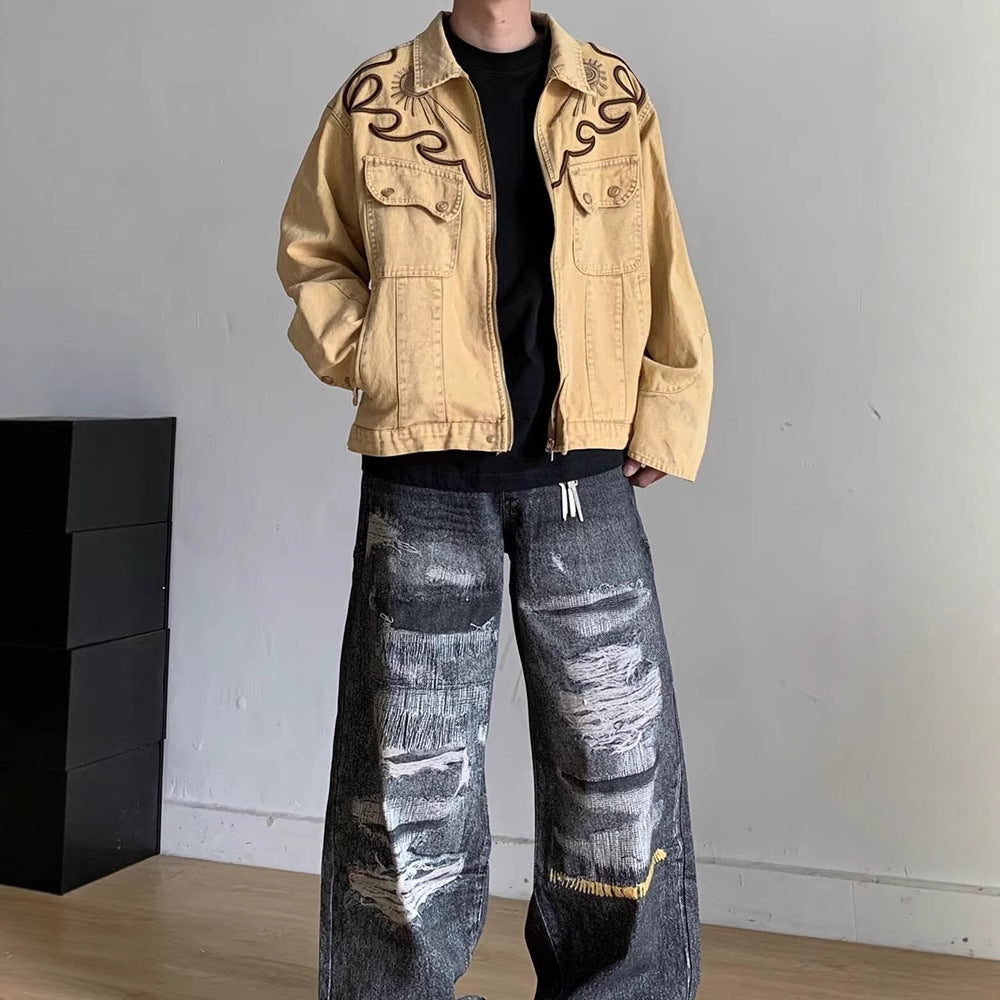 Heavyweight Denim Jacket Men Street Style Embroidered Washed Vintage Retro Jacket Premium Look