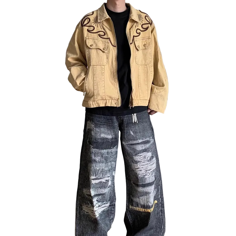 Heavyweight Denim Jacket - Embroidered Washed Vintage Retro Jacket