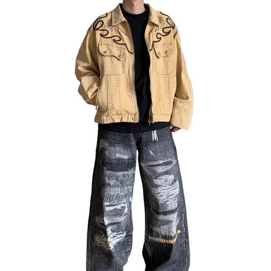 Heavyweight Denim Jacket - Embroidered Washed Vintage Retro Jacket