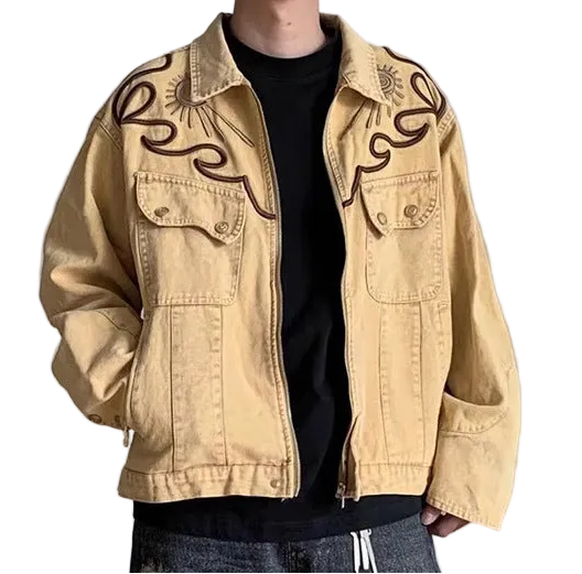 Heavyweight Denim Jacket - Embroidered Washed Vintage Retro Jacket