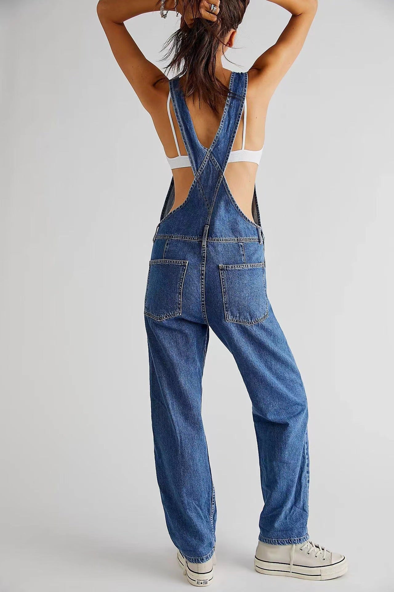 Women's Casual Loose Fitting Denim Long Pants with Straps