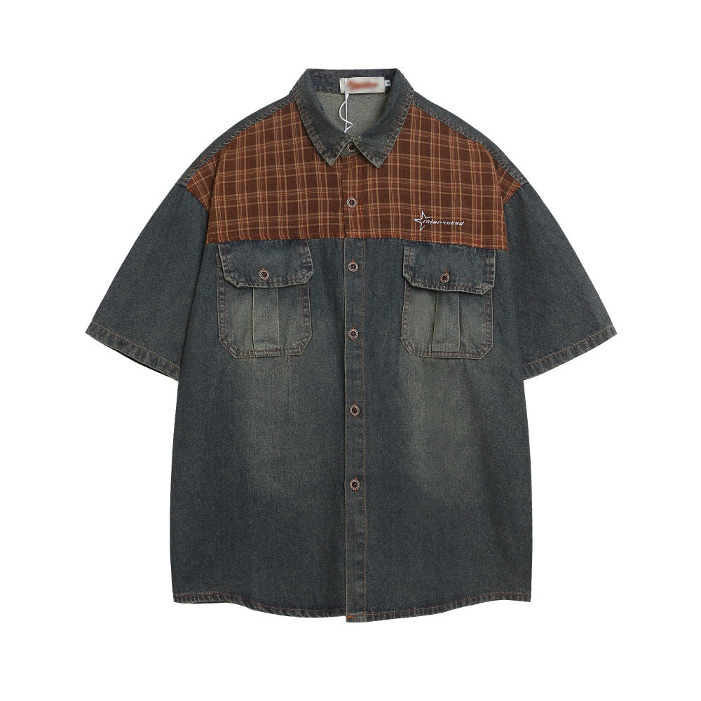 Punk Vintage Washed Denim Shirt Men's Color Block Plaid Collar Short Sleeve Loose Street Style