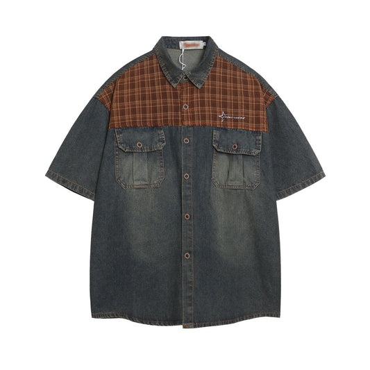 Punk Vintage Washed Denim Shirt Men's Color Block Plaid Collar Short Sleeve Loose Street Style