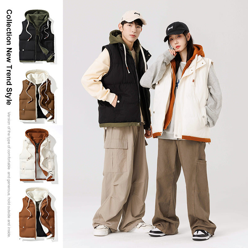 Down Cotton Vest Faux Two-Piece Loose Couple Hooded Jacket