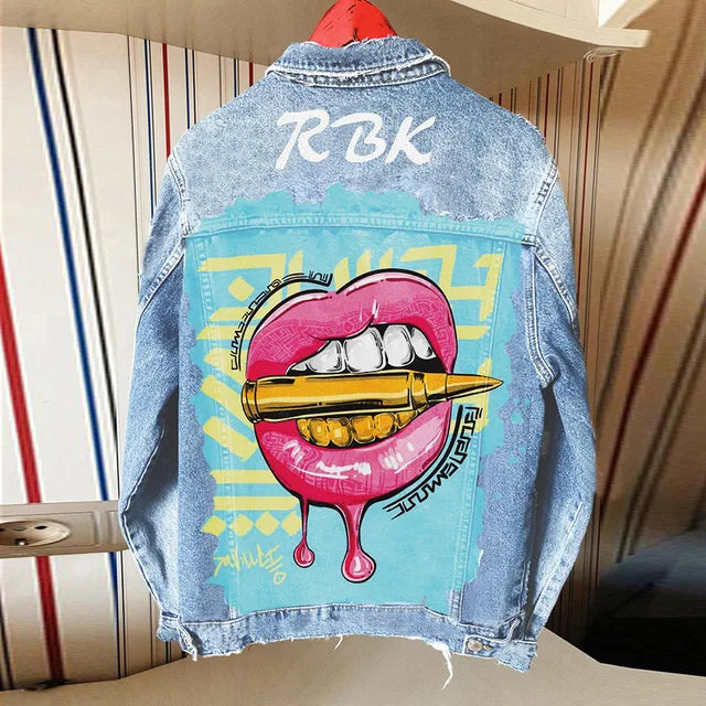 Women's Bullet Lips Print Denim Jacket