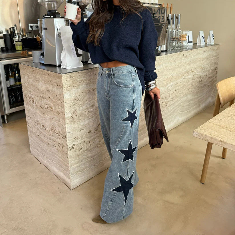 Five Pointed Star Loose Straight Denim Pants