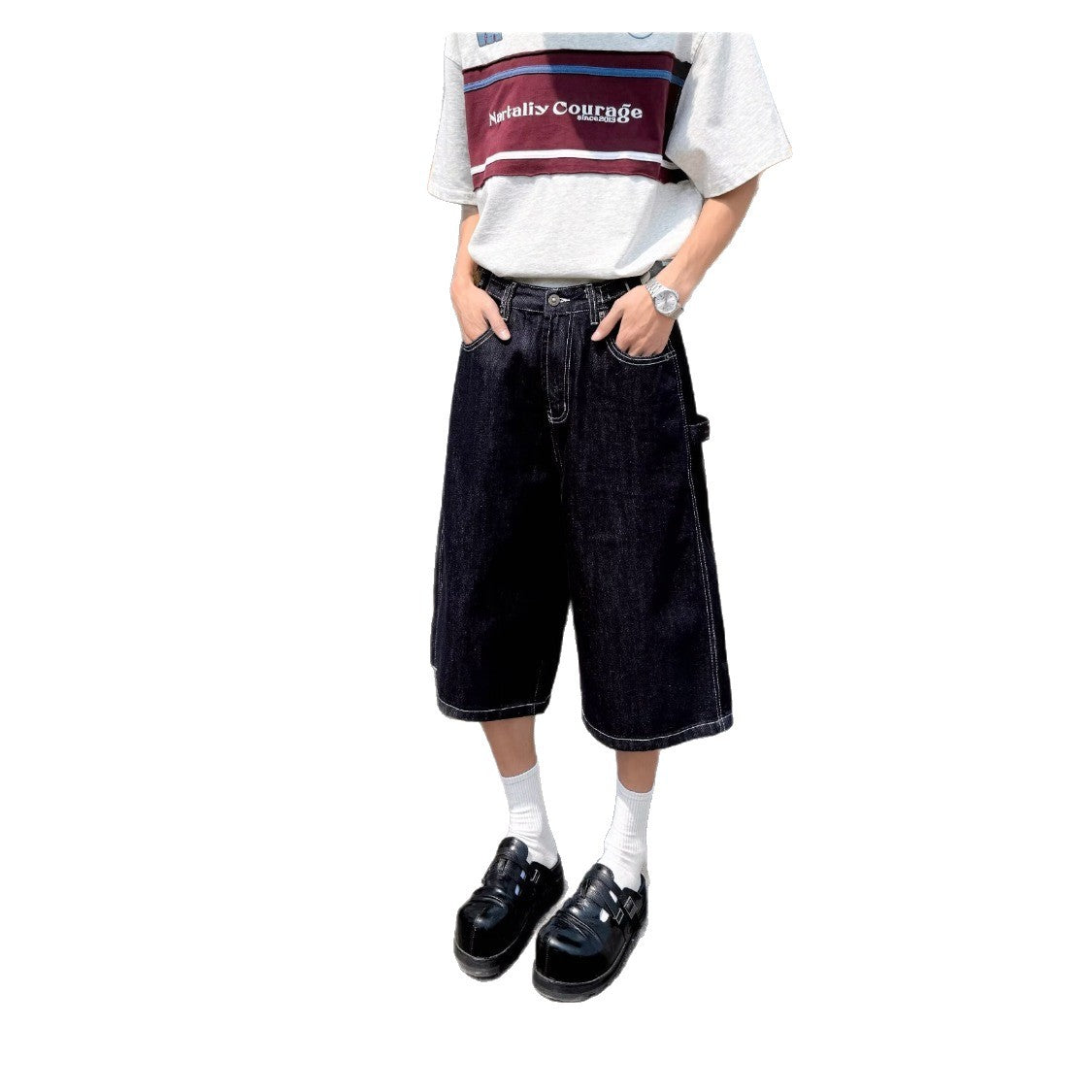 Wide Leg Denim Seven Quarter Straight Workwear Casual Shorts