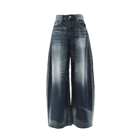 Blue Gray Wide-Leg Jeans for Women - Retro Loose Drape Straight Leg Pants