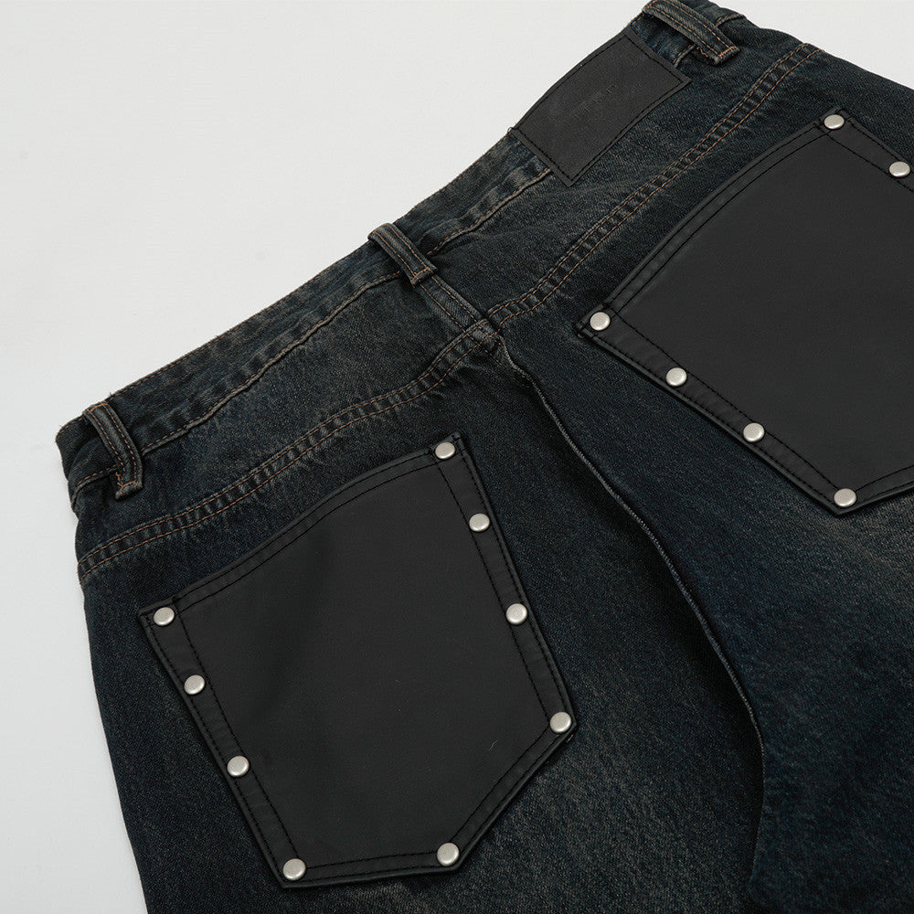 Distressed Punk Denim Trousers with Rivets and Color Block Pocket