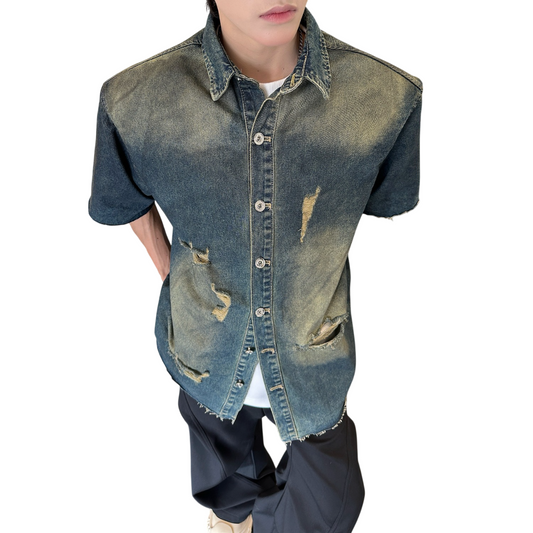 Short-Sleeved Ripped Denim Jacket with Shoulder Pads