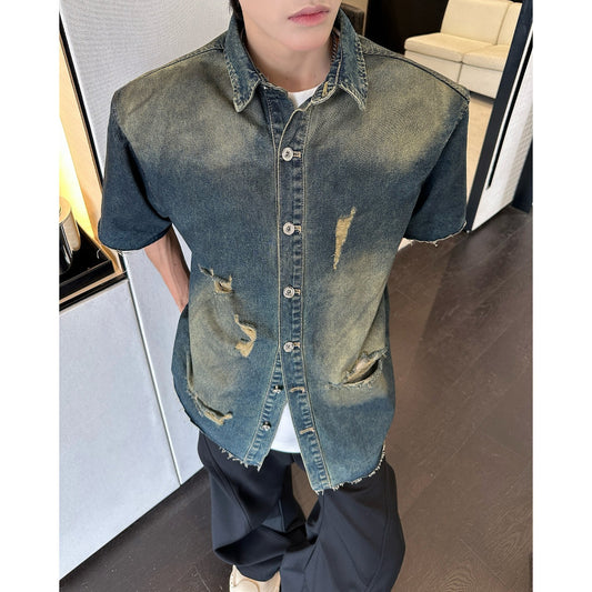 Short-Sleeved Ripped Denim Jacket with Shoulder Pads