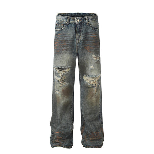 Dirty Dyed Worn Ripped Slightly Flared Jeans - Premium Japanese Denim