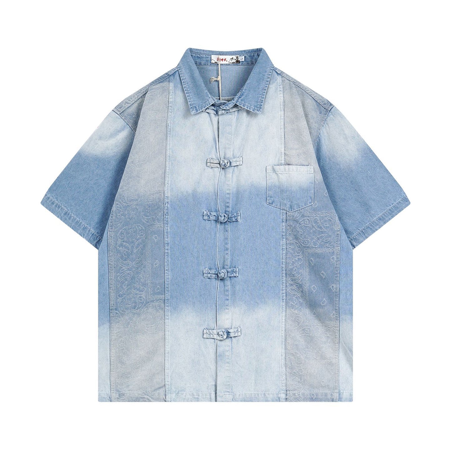 Style Spliced Washed Jacquard Button-Down Unique Design Casual Denim Short Sleeve Shirt