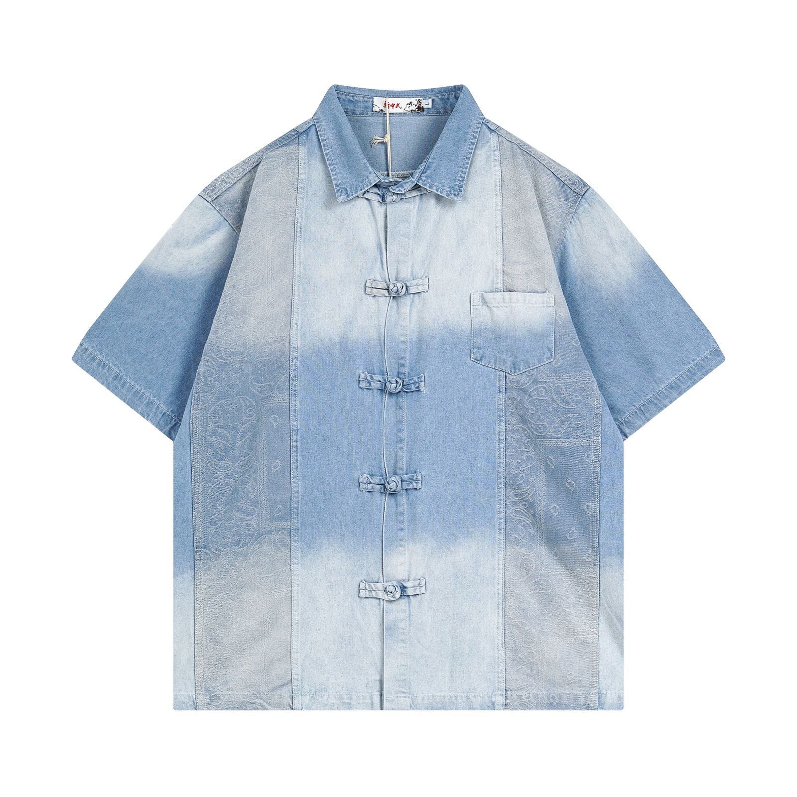 Style Spliced Washed Jacquard Button-Down Unique Design Casual Denim Short Sleeve Shirt