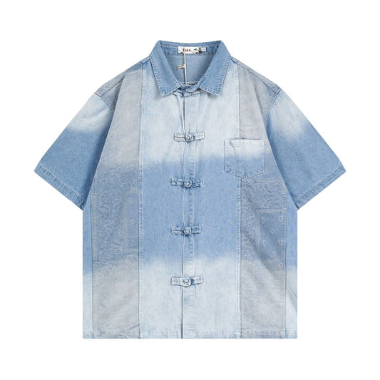 Style Spliced Washed Jacquard Button-Down Unique Design Casual Denim Short Sleeve Shirt