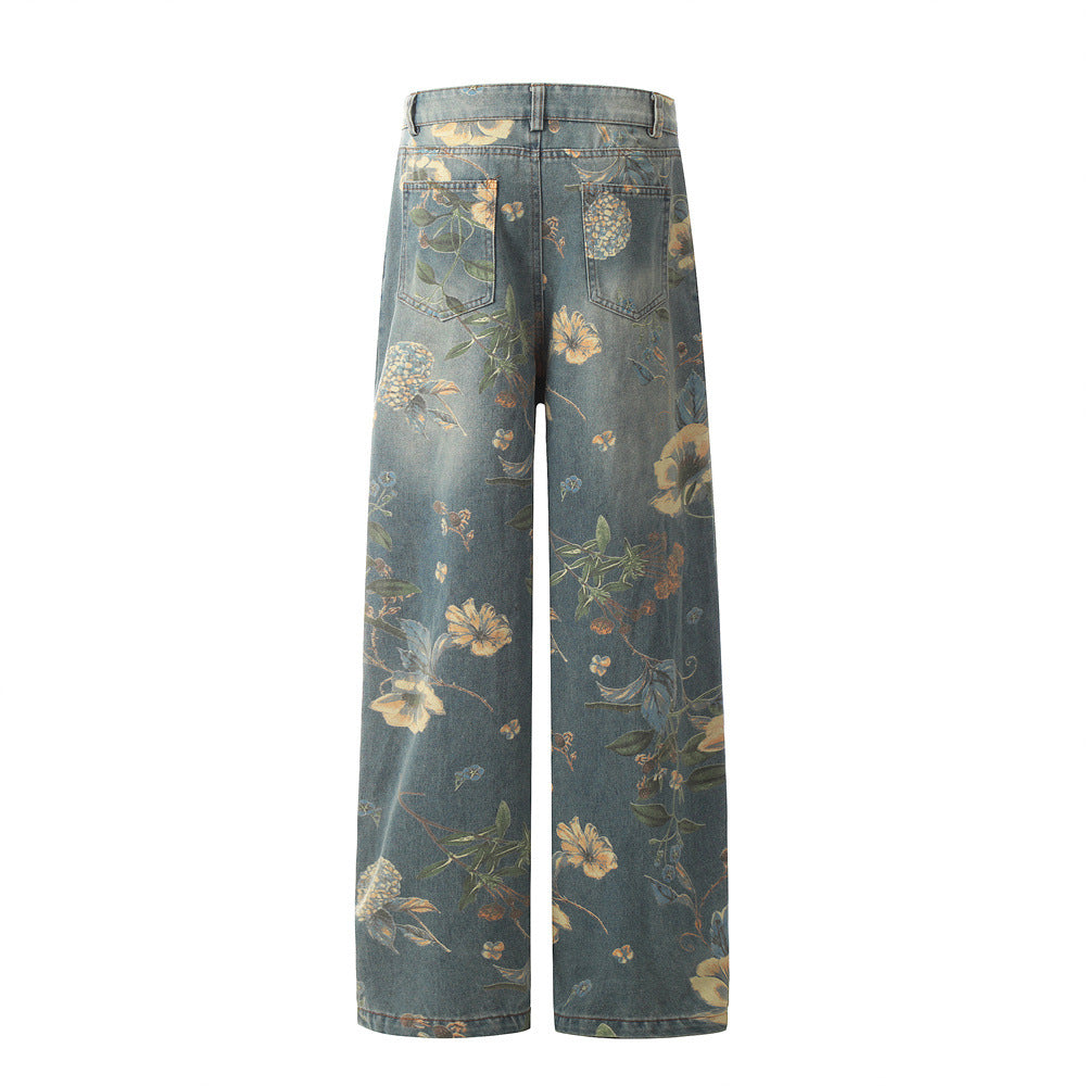 Floral Wide-Leg Denim Trousers for Men and Women