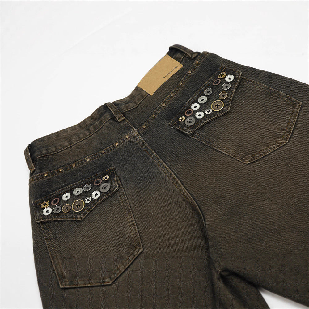 Men's Denim Jeans with Cat Whisker Distressed Wash, Loose Fit Straight Leg Casual Pants