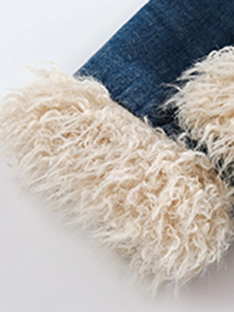 Women's Denim Coat with Fur Lapel - Single Breasted