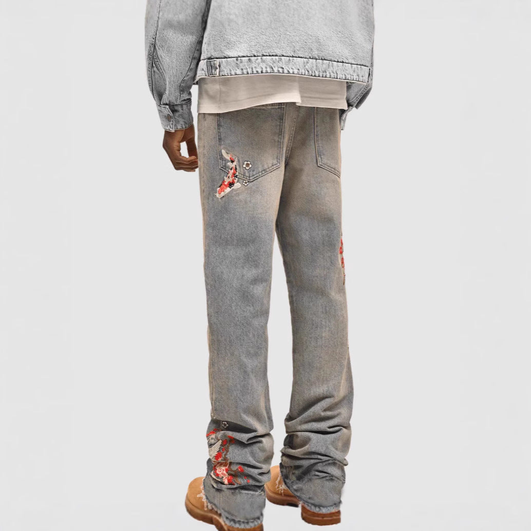 Men's Denim Straight Leg Jeans - Street Fashion Elastic Patchwork