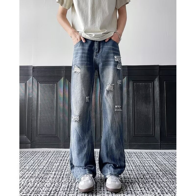 Lightning Pattern Ripped Denim Wide Leg Pants - Premium Japanese Craftsmanship
