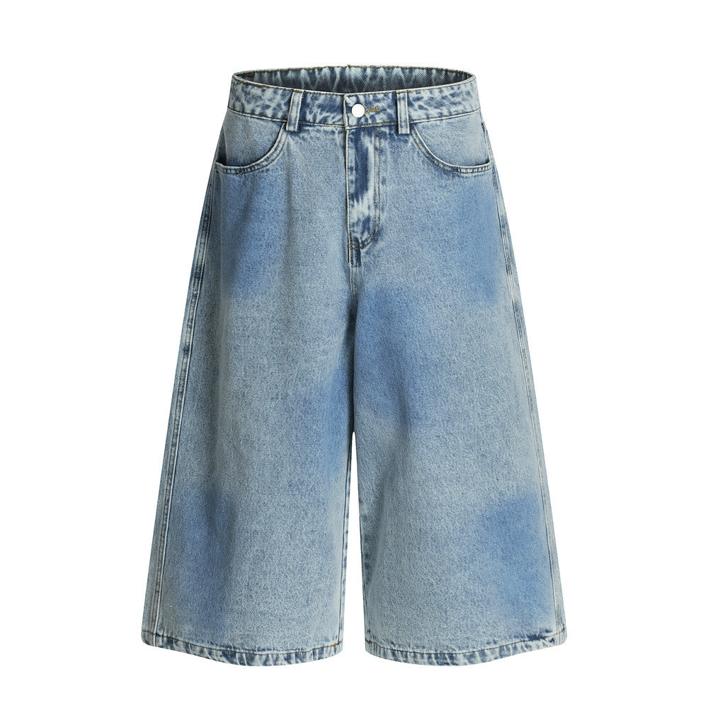 Men's Vintage Washed Denim Shorts - Stylish Loose Fit Wide-Leg Pants Inspired by Japanese Streetwear
