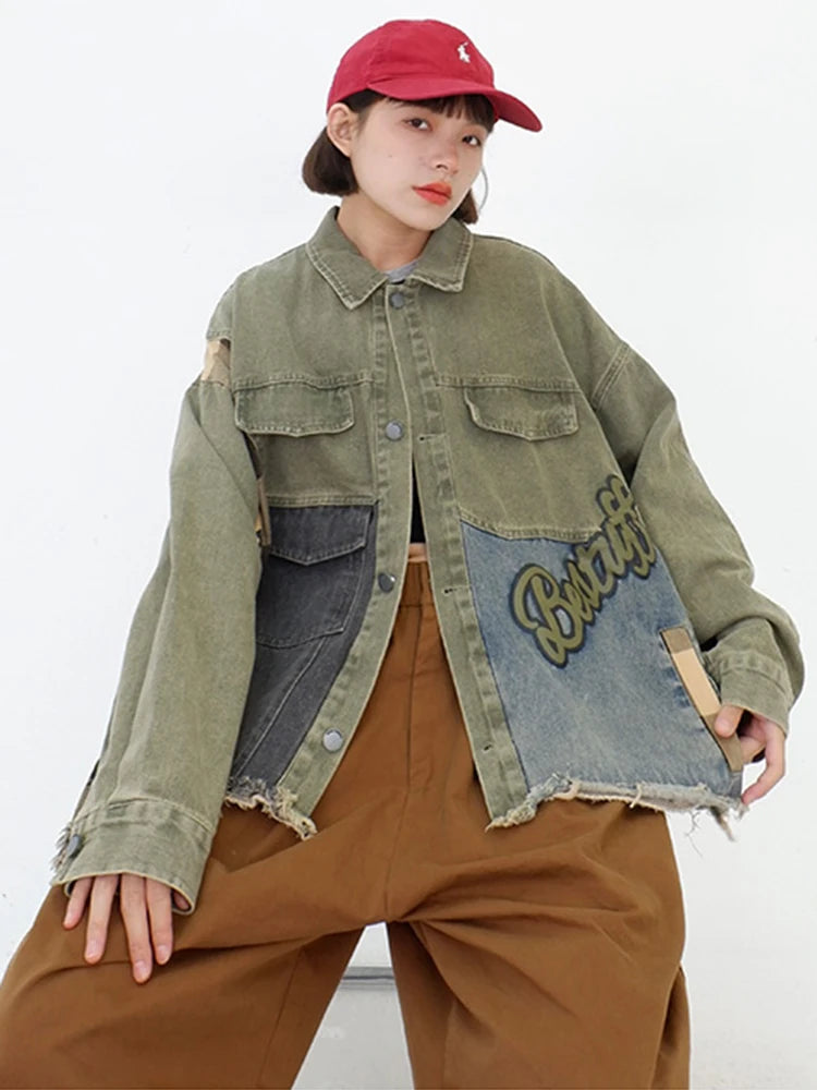 Irregular Patchwork Denim Coat for Women - Plaid Streetwear Oversized Jacket