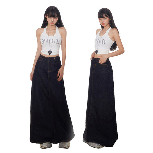 Tall Women's Dark Blue Denim Midi Skirt - Retro High Waist Straight Tube Skirt