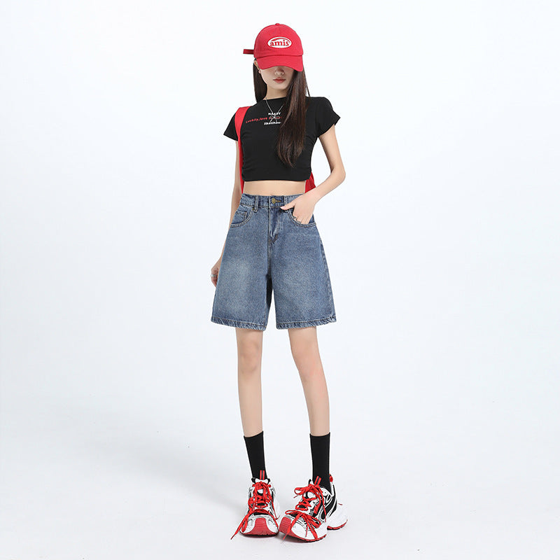 Women's Straight-Cut Mid-Length Denim Shorts with Elastic Waistband