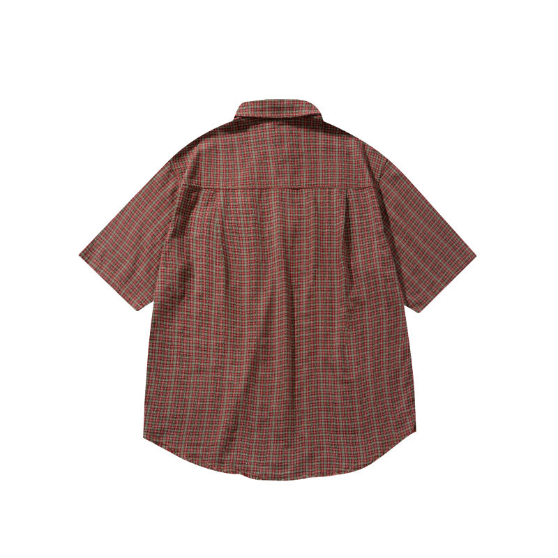 Patch Pocket Fine Plaid Loose Short Sleeved Shirt for Men