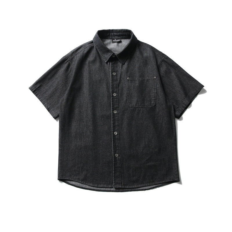 Loose-Fitting Denim Short-Sleeved Shirt with Patch Pocket Design
